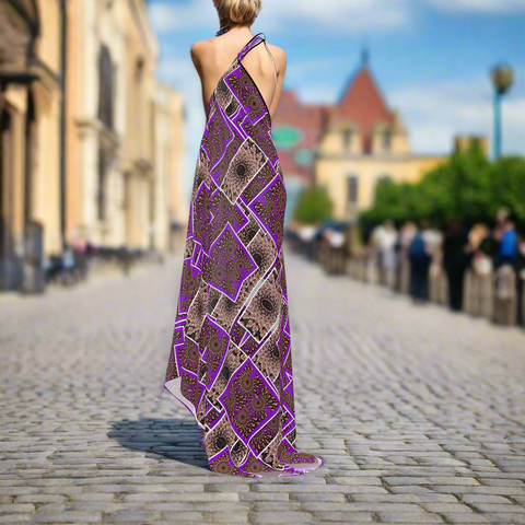 'Purple Peacock-Deco' Halterneck Backless Dress