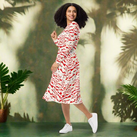 'Birds & Hearts' Blanche All-Over Print Long Sleeve Midi Dress