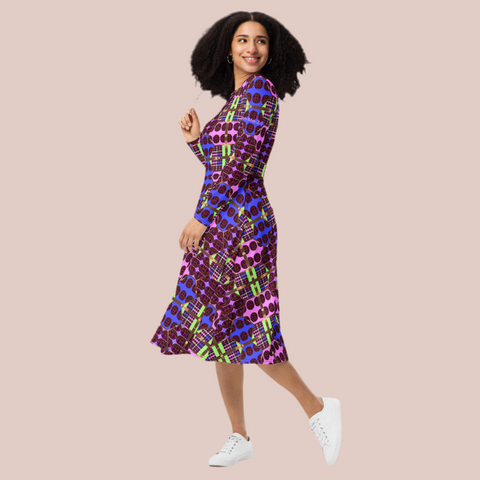 'Hot Wired' All-over Print Long Sleeve Midi Dress-Sample