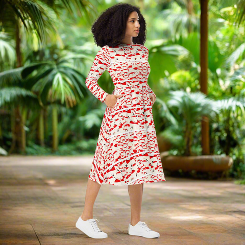 'Birds & Hearts' Blanche All-Over Print Long Sleeve Midi Dress