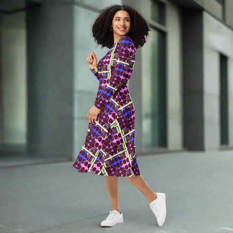 'Hot Wired' All-Over Print Long Sleeve Midi dress