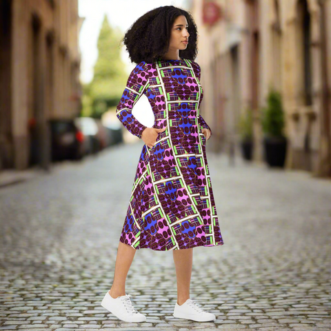 'Hot Wired' All-Over Print Long Sleeve Midi dress