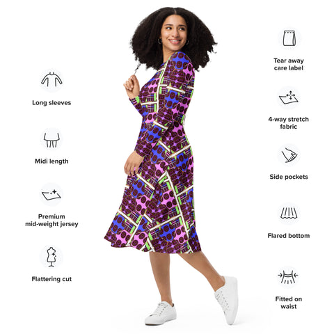 'Hot Wired' All-Over Print Long Sleeve Midi dress