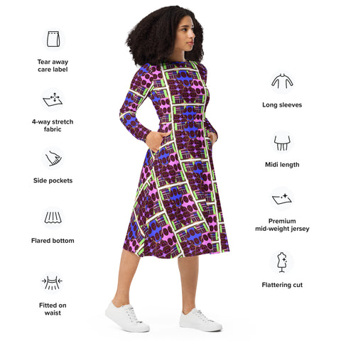'Hot Wired' All-Over Print Long Sleeve Midi dress