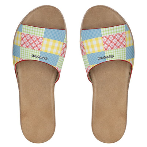 'Gingham Patchwork' Womens Leather Sliders