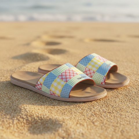 'Gingham Patchwork' Womens Leather Sliders
