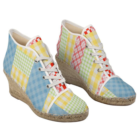'Gingham Patchwork' Ladies Wedge Espadrilles