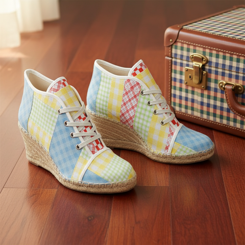 'Gingham Patchwork' Ladies Wedge Espadrilles