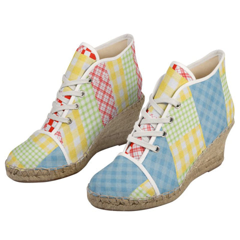 'Gingham Patchwork' Ladies Wedge Espadrilles