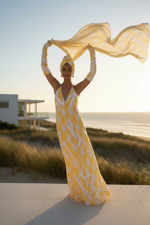 'Gingham Logo Limoncello' Halterneck Backless Dress