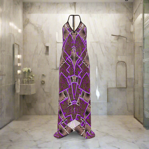 'Purple Peacock-Deco' Halterneck Backless Dress