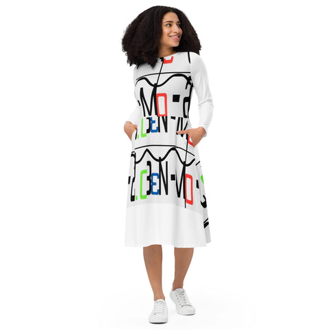 'Ben-Mo-2.0 Logo' All-Over Print Long Sleeve Midi Dress