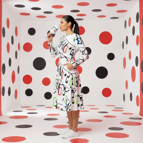 'Logo Arte' All-over Print Long Sleeve Midi dress