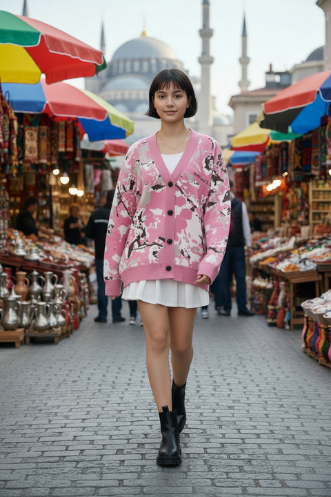 'Rula's Cherry Blossoms' Unisex Knitted Cardigan