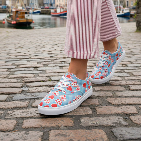 'Gingham Bleu Hearts & Balloons' Women’s Lace-Up Canvas Shoes